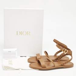 Dior Brown Leather Egee Braided Ankle Strap Flat Sandals Size 39.5