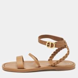 Dior Brown Leather Egee Braided Ankle Strap Flat Sandals Size 39.5