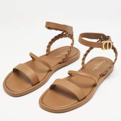 Dior Brown Leather Egee Braided Ankle Strap Flat Sandals Size 39.5
