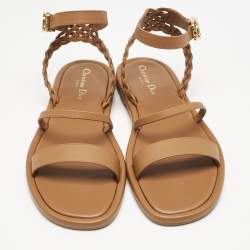 Dior Brown Leather Egee Braided Ankle Strap Flat Sandals Size 39.5