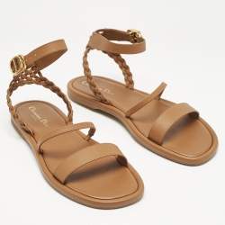 Dior Brown Leather Egee Braided Ankle Strap Flat Sandals Size 39.5