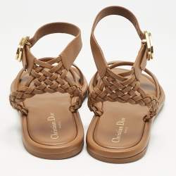 Dior Brown Leather Egee Braided Ankle Strap Flat Sandals Size 39.5