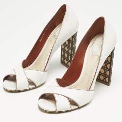 Pre Owned Dior White Leather Criss Cross Cannage Woodden Heel Open Toe Pumps Size 37.5