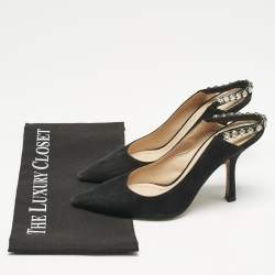 Pre Owned Dior Black Suede Pointed Toe Crystal Embellished Slingback Pumps Size 38