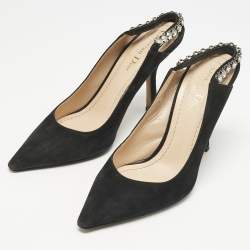 Pre Owned Dior Black Suede Pointed Toe Crystal Embellished Slingback Pumps Size 38