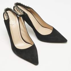 Pre Owned Dior Black Suede Pointed Toe Crystal Embellished Slingback Pumps Size 38