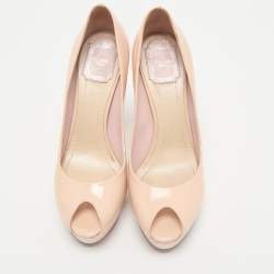 Dior Light Pink Patent Leather Metal Cannage Peep Toe Platform Pumps Size 38.5