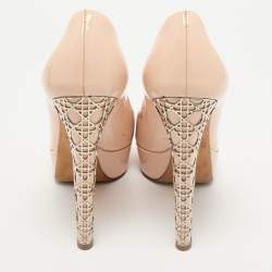 Dior Light Pink Patent Leather Metal Cannage Peep Toe Platform Pumps Size 38.5