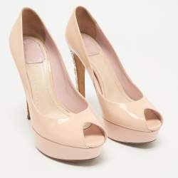 Dior Light Pink Patent Leather Metal Cannage Peep Toe Platform Pumps Size 38.5