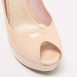 Dior Light Pink Patent Leather Metal Cannage Peep Toe Platform Pumps Size 38.5