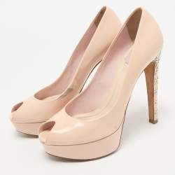Dior Light Pink Patent Leather Metal Cannage Peep Toe Platform Pumps Size 38.5