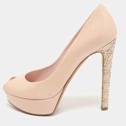 Dior Light Pink Patent Leather Metal Cannage Peep Toe Platform Pumps Size 38.5