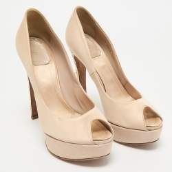 Dior Light Beige Satin Metal Cannage Peep Toe Platform Pumps Size 38.5