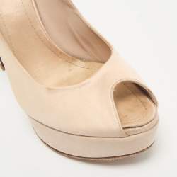 Dior Light Beige Satin Metal Cannage Peep Toe Platform Pumps Size 38.5