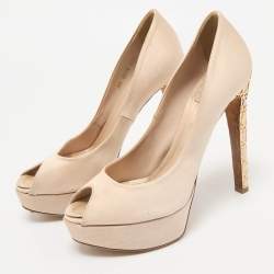 Dior Light Beige Satin Metal Cannage Peep Toe Platform Pumps Size 38.5