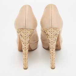 Dior Light Beige Satin Metal Cannage Peep Toe Platform Pumps Size 38.5