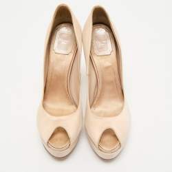 Dior Light Beige Satin Metal Cannage Peep Toe Platform Pumps Size 38.5