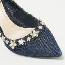 Pre Owned Dior Navy Blue Denim Crystal Embellished Garland Pointed Toe Pumps Size 38.5