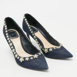 Pre Owned Dior Navy Blue Denim Crystal Embellished Garland Pointed Toe Pumps Size 38.5