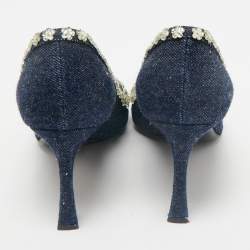 Pre Owned Dior Navy Blue Denim Crystal Embellished Garland Pointed Toe Pumps Size 38.5