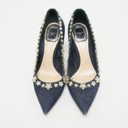 Pre Owned Dior Navy Blue Denim Crystal Embellished Garland Pointed Toe Pumps Size 38.5