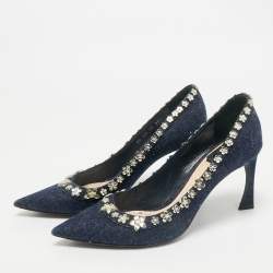 Pre Owned Dior Navy Blue Denim Crystal Embellished Garland Pointed Toe Pumps Size 38.5