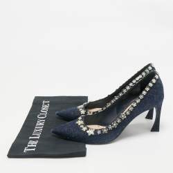 Pre Owned Dior Navy Blue Denim Crystal Embellished Garland Pointed Toe Pumps Size 38.5