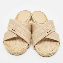 Dior Beige Embroidered Canvas Granville Espadrille Criss Cross Flat Sandals Size 40.5