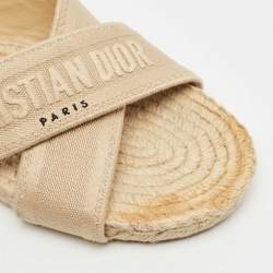 Dior Beige Embroidered Canvas Granville Espadrille Criss Cross Flat Sandals Size 40.5