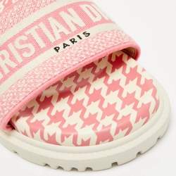 Dior Pink/White Logo Embroidered Canvas Houndstooth Dway Flat Slide Sandals Size 38