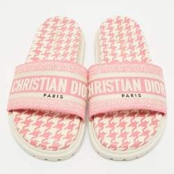Dior Pink/White Logo Embroidered Canvas Houndstooth Dway Flat Slide Sandals Size 38