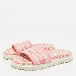 Dior Pink/White Logo Embroidered Canvas Houndstooth Dway Flat Slide Sandals Size 38