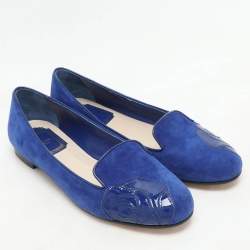 Dior Blue Patent Leather and Suede Rose Smoking Slippers Size 36