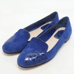 Dior Blue Patent Leather and Suede Rose Smoking Slippers Size 36