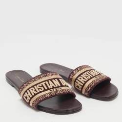 Dior Burgundy Embroidered Canvas Dway Flat Slides Size 38