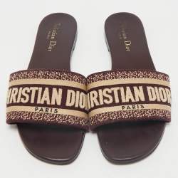 Dior Burgundy Embroidered Canvas Dway Flat Slides Size 38