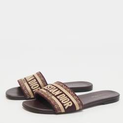 Dior Burgundy Embroidered Canvas Dway Flat Slides Size 38