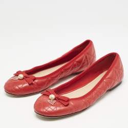 Dior Red Cannage Quilted Leather Bow Ballet Flats Size 37