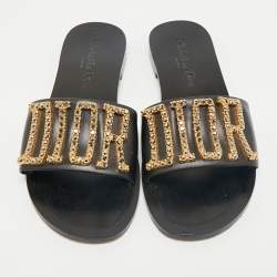 Dior Black Leather Diorevolution Flat Slide Sandals Size 37