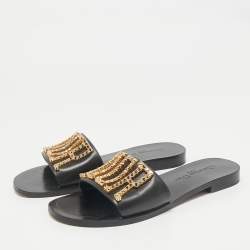 Dior Black Leather Diorevolution Flat Slide Sandals Size 37