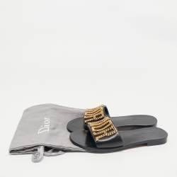 Dior Black Leather Diorevolution Flat Slide Sandals Size 37