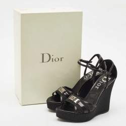 Dior Black Oblique Canvas and Leather Strappy Wedge Sandals Size 36