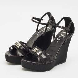 Dior Black Oblique Canvas and Leather Strappy Wedge Sandals Size 36