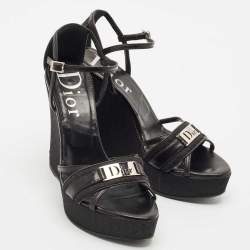 Dior Black Oblique Canvas and Leather Strappy Wedge Sandals Size 36