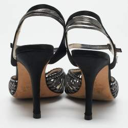 Dior Grey/Black Leather and Satin Crystal Embellished Strappy Sandals Size 37