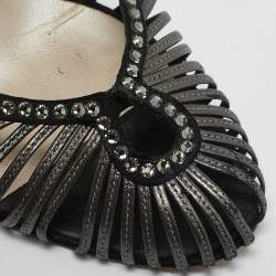 Dior Grey/Black Leather and Satin Crystal Embellished Strappy Sandals Size 37