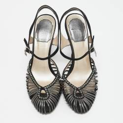 Dior Grey/Black Leather and Satin Crystal Embellished Strappy Sandals Size 37