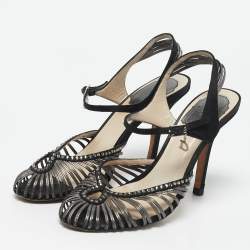Dior Grey/Black Leather and Satin Crystal Embellished Strappy Sandals Size 37