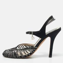 Dior Grey/Black Leather and Satin Crystal Embellished Strappy Sandals Size 37