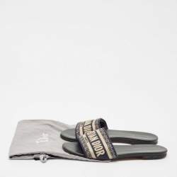 Dior Black/White Embroidered Canvas Dway Flats Slides Size 36.5